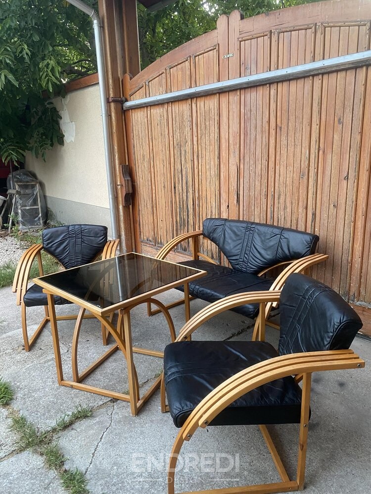 Mid-century bőr kanapé, karosszék és asztal, 4 darabos szett - Image 2