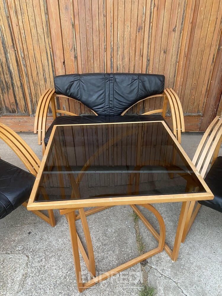 Mid-century bőr kanapé, karosszék és asztal, 4 darabos szett - Image 3