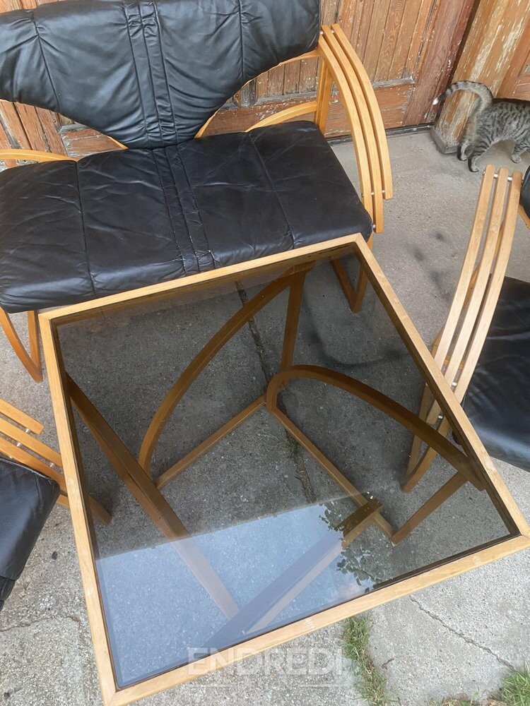 Mid-century bőr kanapé, karosszék és asztal, 4 darabos szett - Image 7