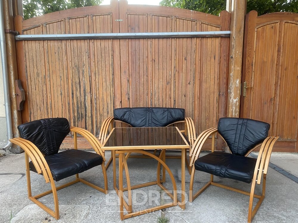 Mid-century bőr kanapé, karosszék és asztal, 4 darabos szett - Image 8