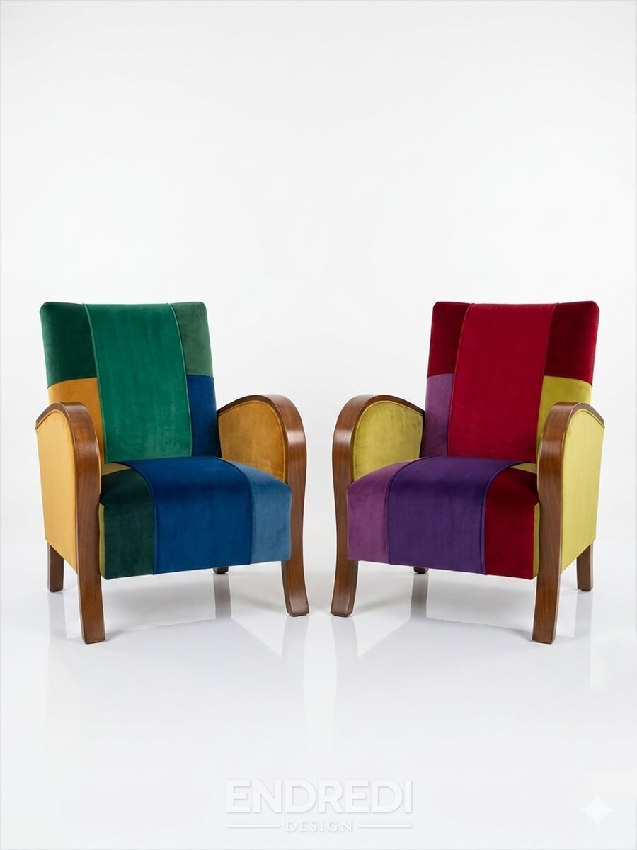Art deco karosszékek többszínű bársony patchwork kárpittal (2 db) - Image 2
