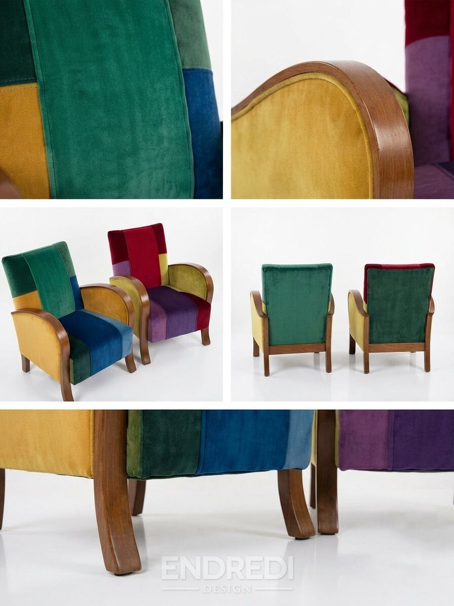 Art deco karosszékek többszínű bársony patchwork kárpittal (2 db) - Image 3