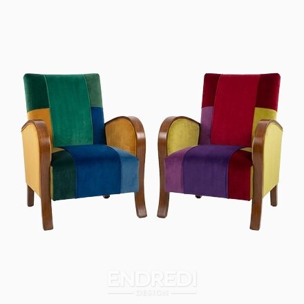 Art deco karosszékek többszínű bársony patchwork kárpittal (2 db)