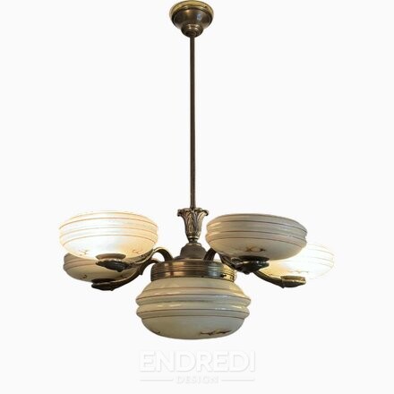 Art deco réz és üveg 5-karfa csillár, Közép-Európa, 1940-as évek