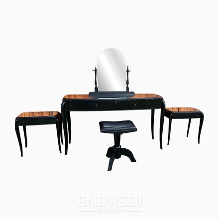 Art deco francia fekete fésülködőasztal, szék és éjjeliszekrény, 4 darabos szett