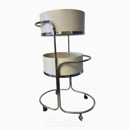 Mid-century króm és fehér 2 szintes gurulós zsúrkocsi