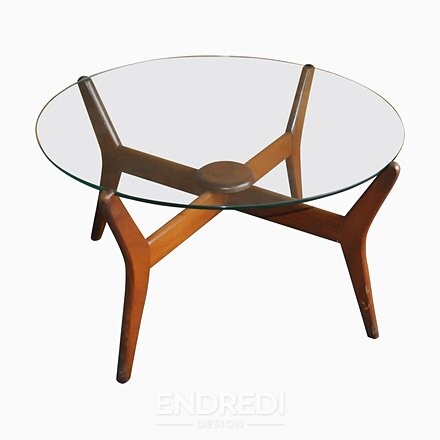 Mid-century üveg és teak dohányzóasztal