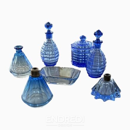 Préselt üveg Perfume üvegek és Powder Jar, 1940-as évek, 7 darabos szett