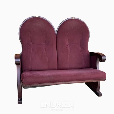 Vintage art deco kétszemélyes kanapé — bordó kárpit, 1970
